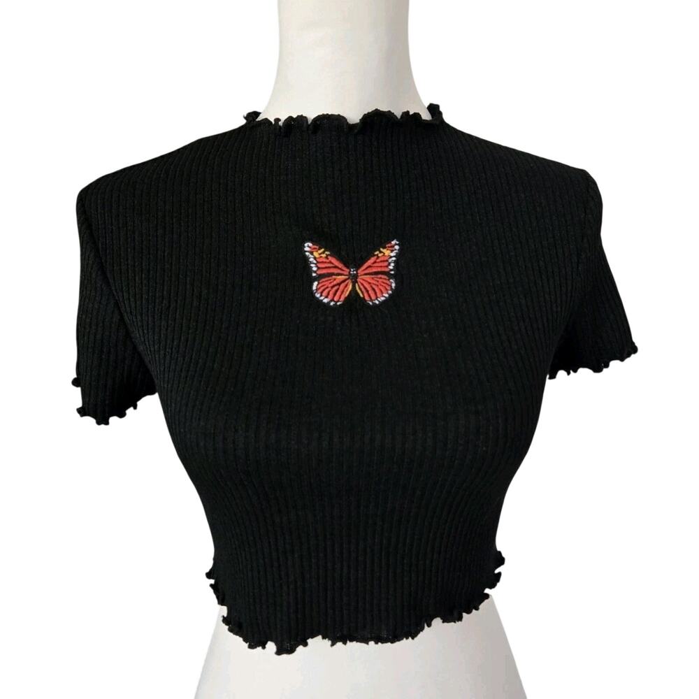 Y2K Black Ribbed Lettuce Edge Crop Top Butterfly Patch Shirt Papaya Sz L Vintage